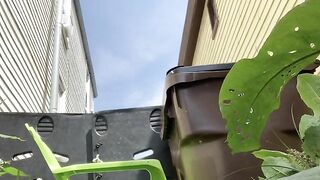 Milky white babe dropping shit in the backyard