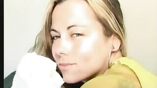 Seductive blonde girl shits hard on the plate