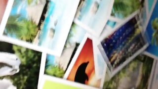 Girl drops a huge steaming shit on a pile of photos