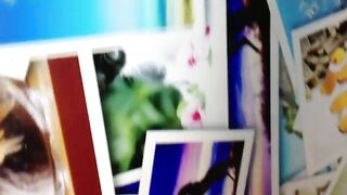 Girl drops a huge steaming shit on a pile of photos