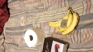 Girl eats two bananas and then takes a shit on the bed