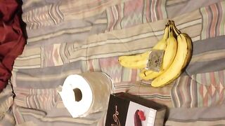 Girl eats two bananas and then takes a shit on the bed