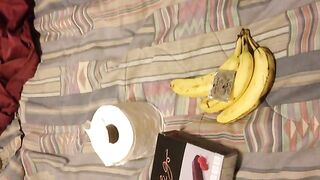 Girl eats two bananas and then takes a shit on the bed