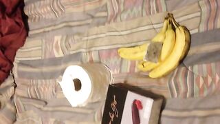Girl eats two bananas and then takes a shit on the bed