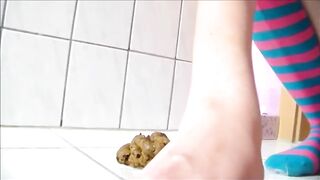 Teen girl with sexy long legs teasing and pooping