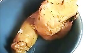 Mouth watering blonde babe taking out yellow shit