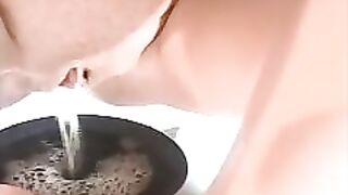 Nasty brunette piss and poo hard in the plate