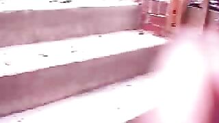 Guy sits on toilet and takes a huge shit outside