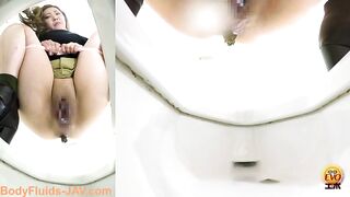 Woman takes a huge shit while squatting over toilet