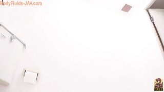 Girl in red top squats and takes a huge shit in toilet