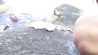 Amateur lady dropping shit log at the sea side