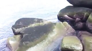 Amateur lady dropping shit log at the sea side