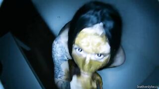 Hot tattooed brunette girlfriend gives scat blowjob