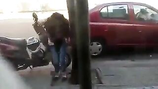 Girl squats on scooter and shits on seat