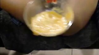 Woman takes a shit into a bowl and plays with it