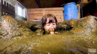 Babe swims in shit and piss in barn