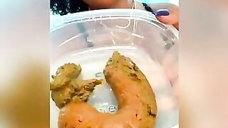 Girl squats in asshole over container of fresh shit