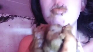 Woman shits on a dog's face and the dog licks it