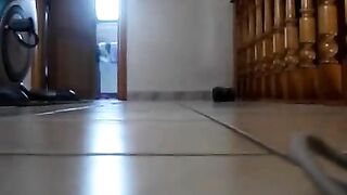 Girl squats on the floor and takes a big shit