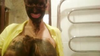Slut covers herself in shit in the bathroom