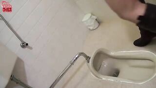 Girl with leopard print pants takes a shit in a public restroom