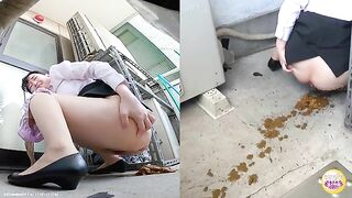 Girl takes a big shit on the floor next to a table