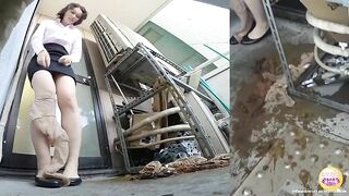 Girl squats and takes a shit on a pile of trash