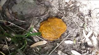 Woman takes a huge shit into a bag on top of plants
