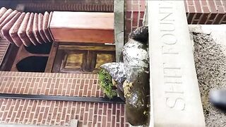Girl takes a dump in a trash can outside
