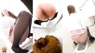 Woman squats on a toilet and takes a shit