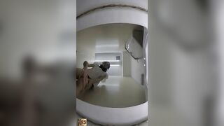 Young woman peeing on a bowl on a chair while wearing high heels