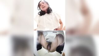 Young woman peeing on a bowl on a chair while wearing high heels