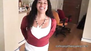 Girl squats and takes a shit in a cup on the floor