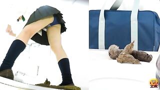 Girl in uniform squats to piss on the toilet