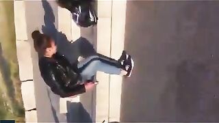 Girl in leather gets her asshole fucked on the street