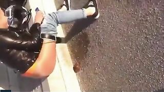 Girl in leather gets her asshole fucked on the street