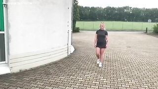 Blonde bitch squats and takes a shit on pallets