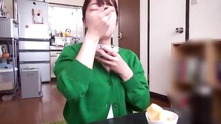 Slut eats shit in her kitchen holding a stuffed animal