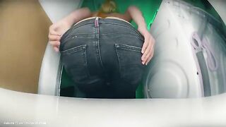 Woman spreads her ass for a massive shit on the sink