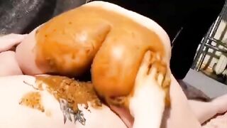 Woman makes another person eat shit from her ass