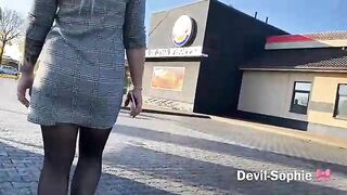 Blonde takes a piss on a bicycle seat in a parking garage