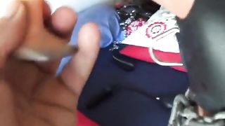 Licking a dirty black butt plug