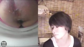 Brunette teen pooping in a public bathroom