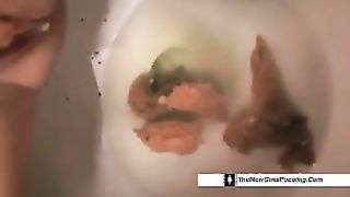 Pulled down her pink panties so she can poop