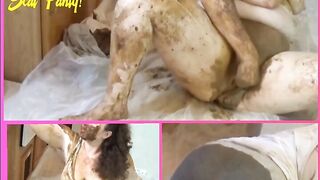 Woman plays in her shit soiled skirt