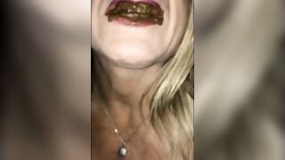Woman takes a mouthful of warm shit