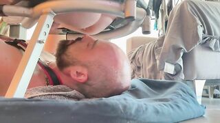 Chubby man gets his face fucked by woman's ass in his mouth