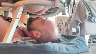 Chubby man gets his face fucked by woman's ass in his mouth