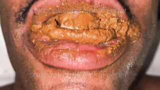 Girl eats a big pile of shit from a metal container