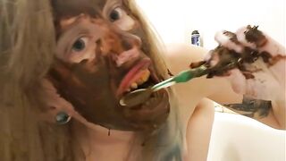 Woman takes a shit on a toilet and eats it